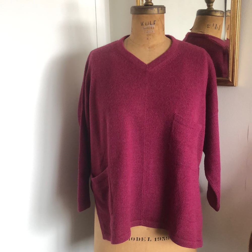 Women's V-Neck Sweater - Deep Pink 100% Alpaca